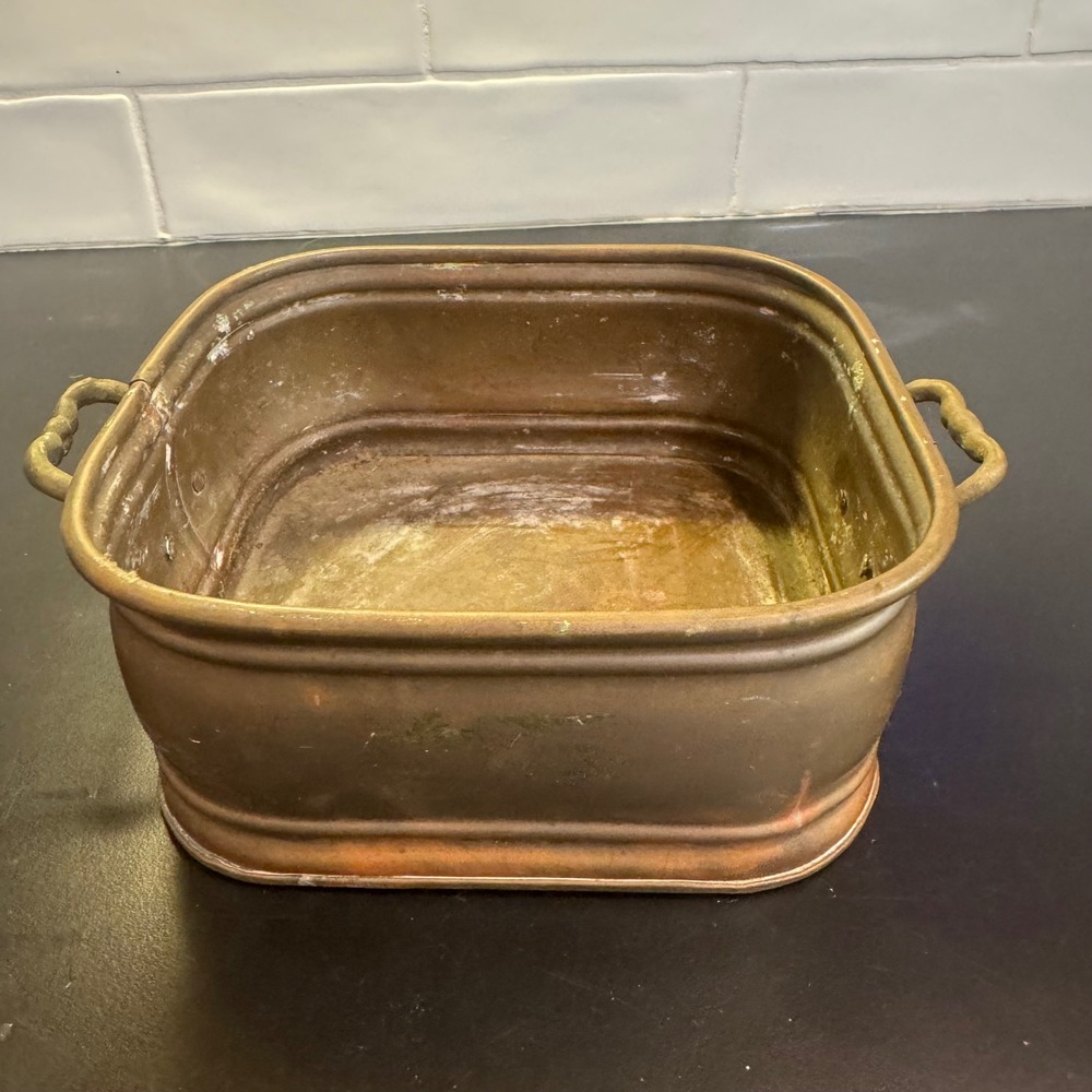 Vintage Copper Basin square  Medium Brown Rustic Patina Scalloped Handles